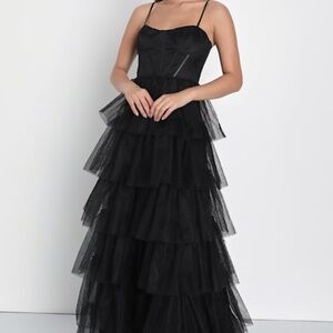 Lulus Rule The Runway Black Tulle Bustier Tiered Maxi Dress - Size S